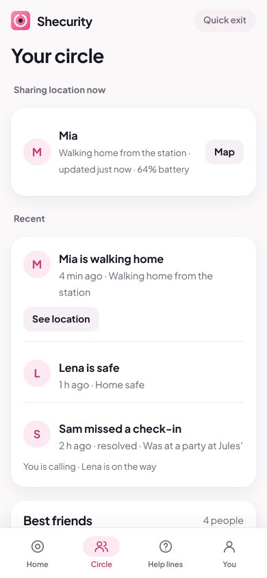 Safety circle screen showing friends and alerts